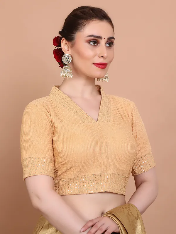 Beige lycra strechable V neck ready made blouse