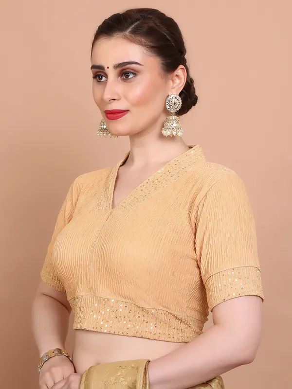 Beige lycra strechable V neck ready made blouse