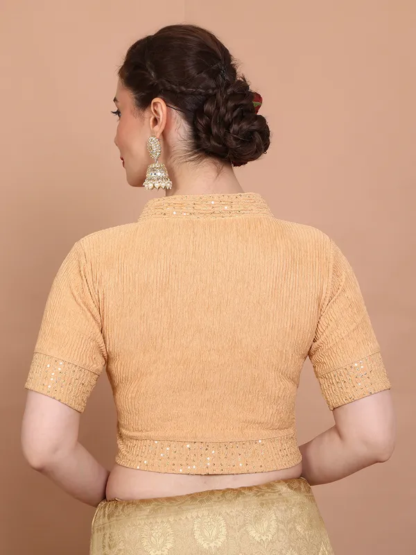 Beige lycra strechable V neck ready made blouse