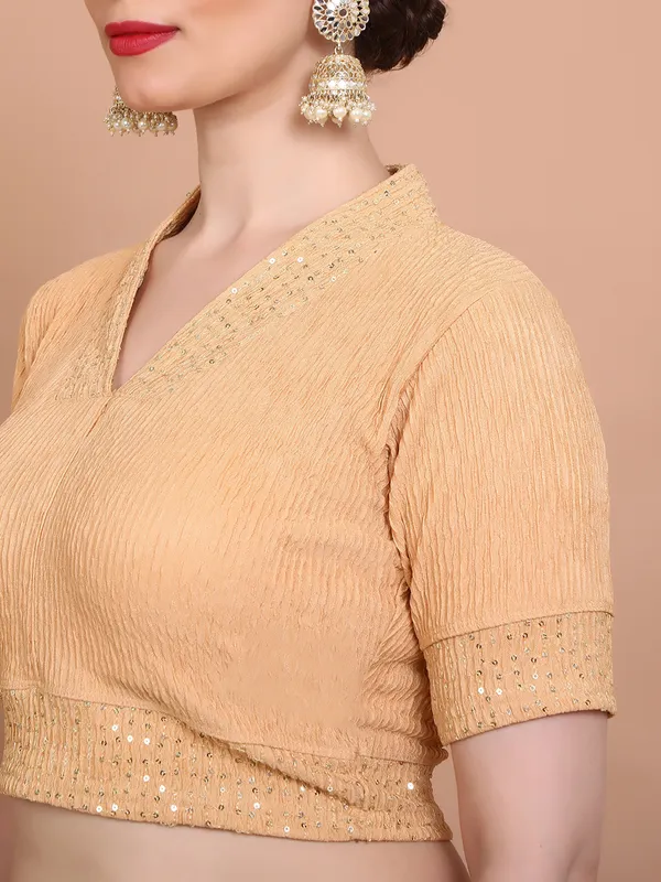 Beige lycra strechable V neck ready made blouse
