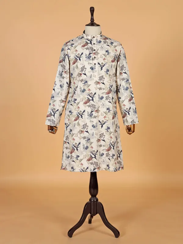 Beige mandarin neck printed kurta set