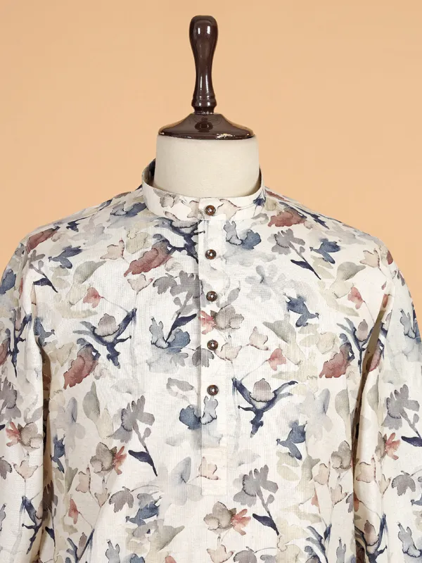 Beige mandarin neck printed kurta set