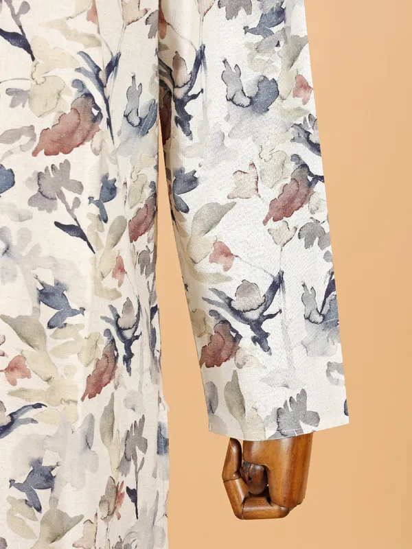 Beige mandarin neck printed kurta set