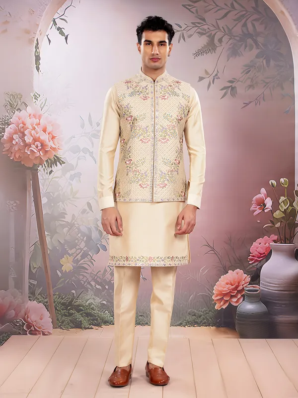 Beige men silk waistcoat set for wedding