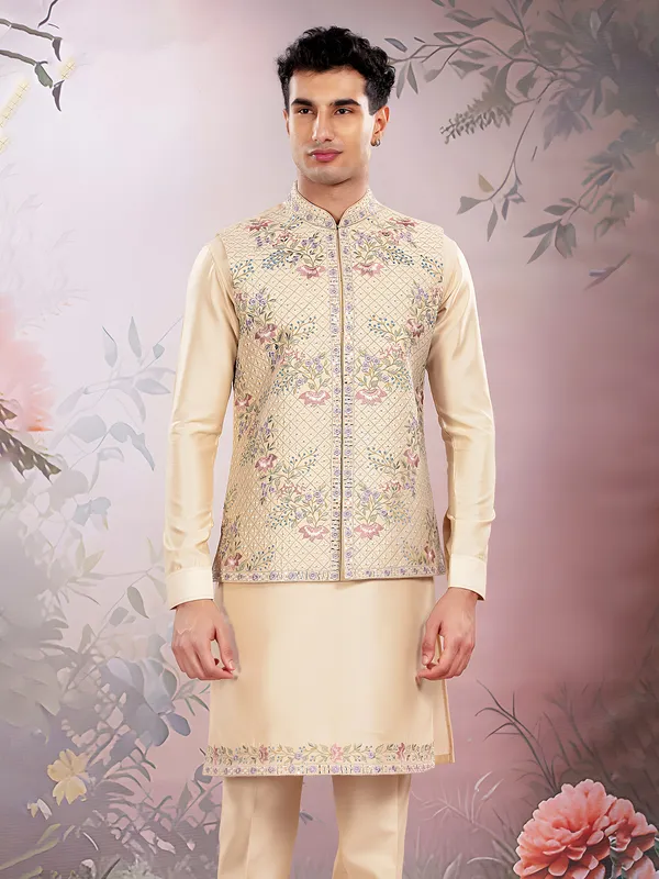 Beige men silk waistcoat set for wedding