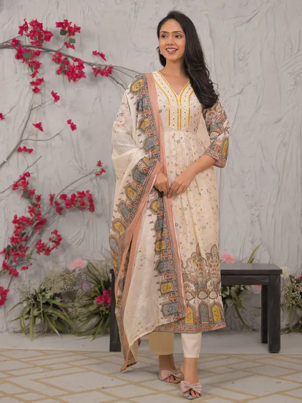 Beige mulmul cotton festive kurti set with dupatta