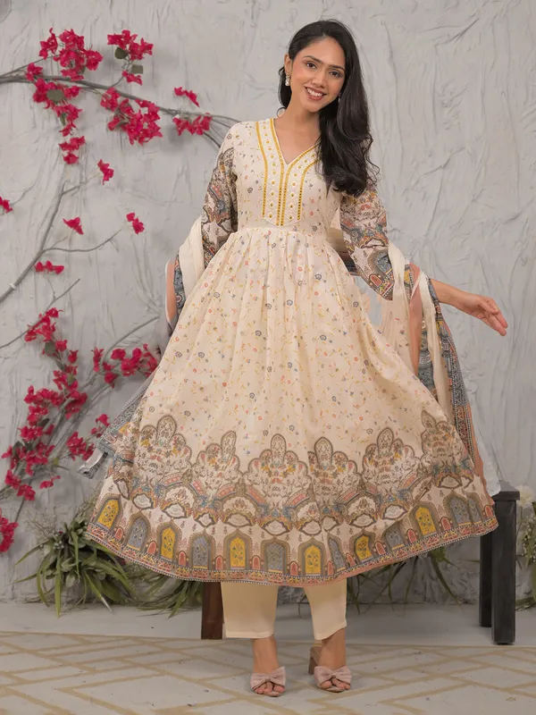 Beige mulmul cotton festive kurti set with dupatta