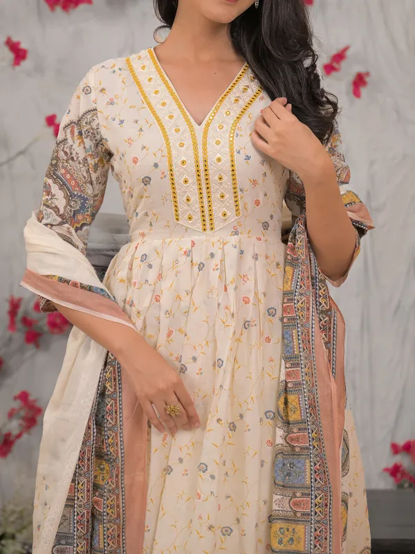 Beige mulmul cotton festive kurti set with dupatta