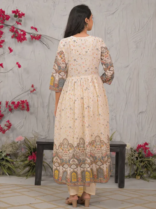 Beige mulmul cotton festive kurti set with dupatta