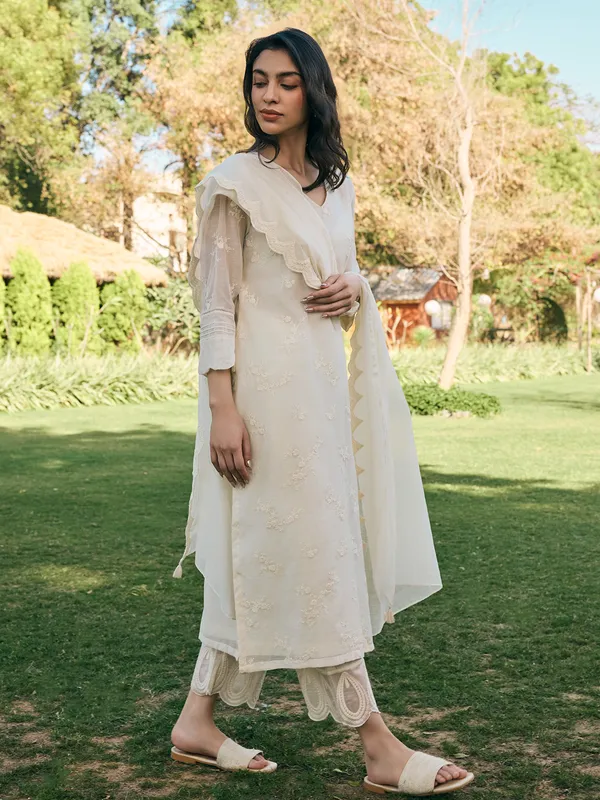 Beige muslin cotton festive wear salwar suit