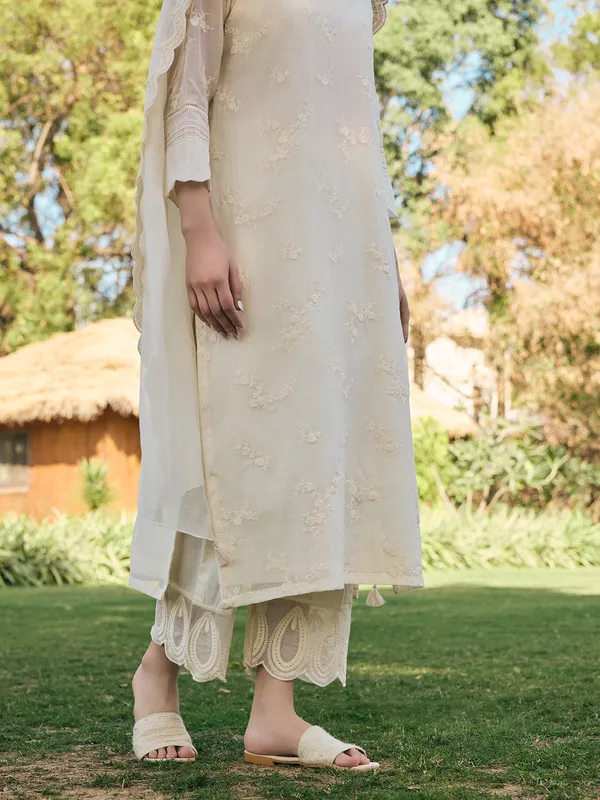 Beige muslin cotton festive wear salwar suit