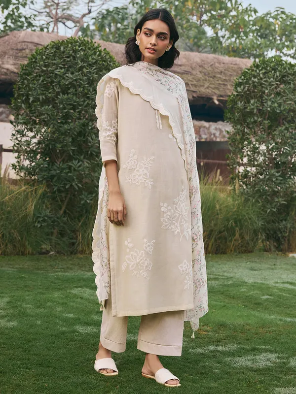 Beige muslin cotton festive wear salwar suit for women