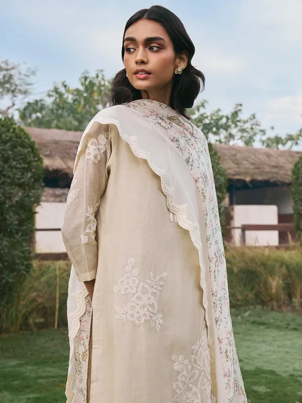 Beige muslin cotton festive wear salwar suit for women