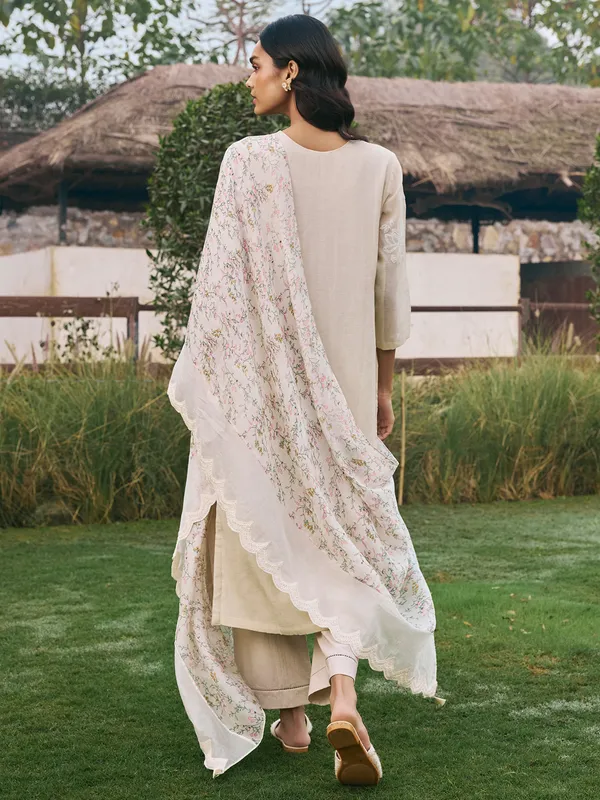 Beige muslin cotton festive wear salwar suit for women