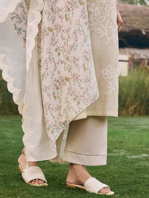 Beige muslin cotton festive wear salwar suit for women