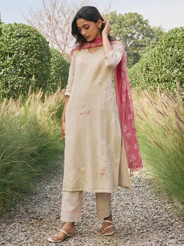 Beige muslin cotton salwar suit for women