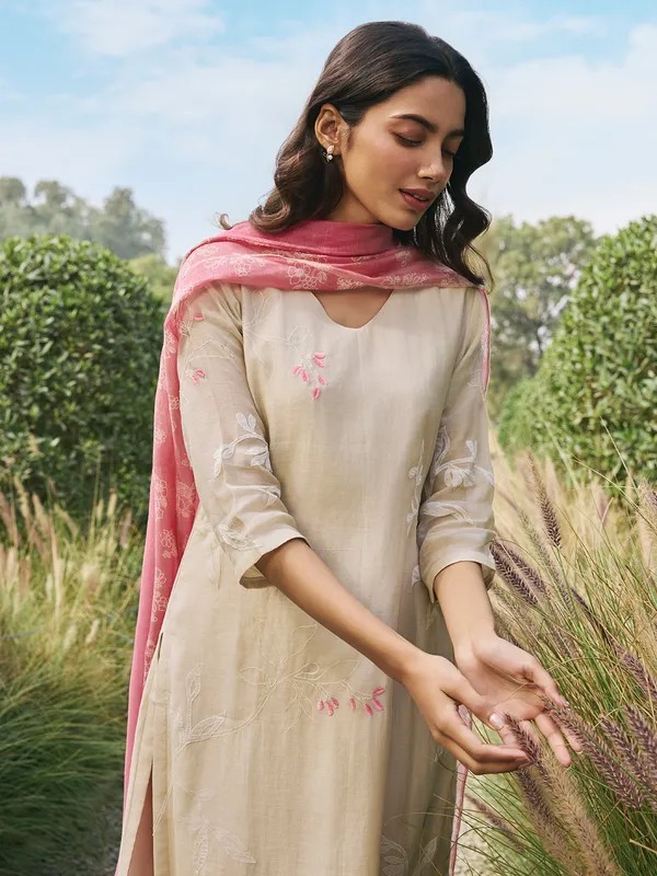 Beige muslin cotton salwar suit for women