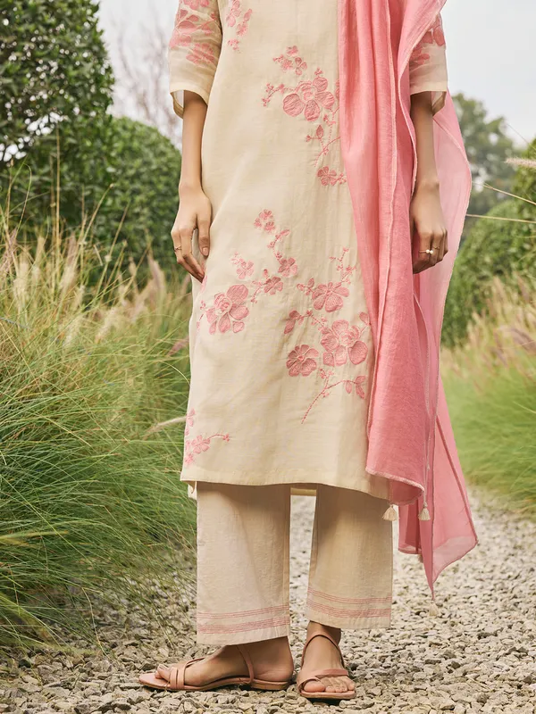 Beige muslin cotton salwar suit with dupatta