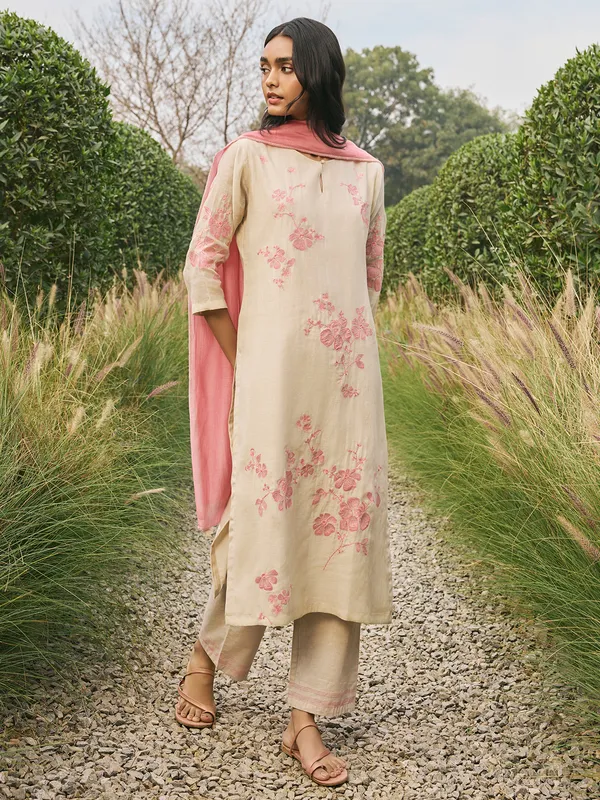 Beige muslin cotton salwar suit with dupatta