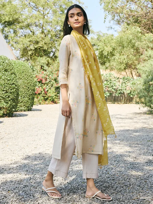 Beige muslin cotton salwar suit with dupatta for women