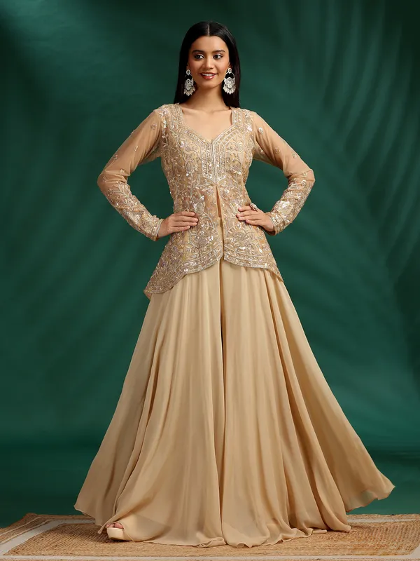 Beige net and georgette palazzo suit