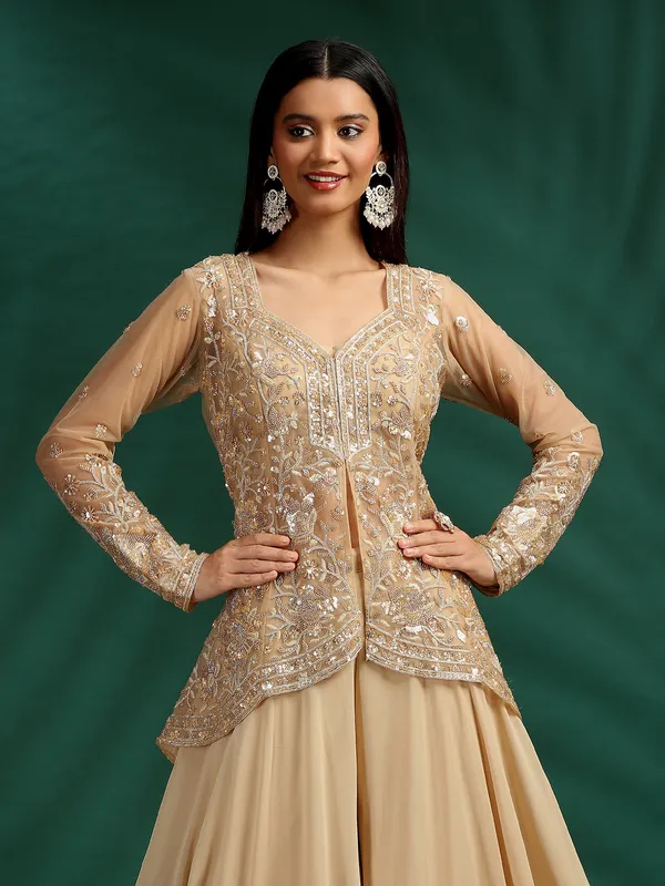 Beige net and georgette palazzo suit