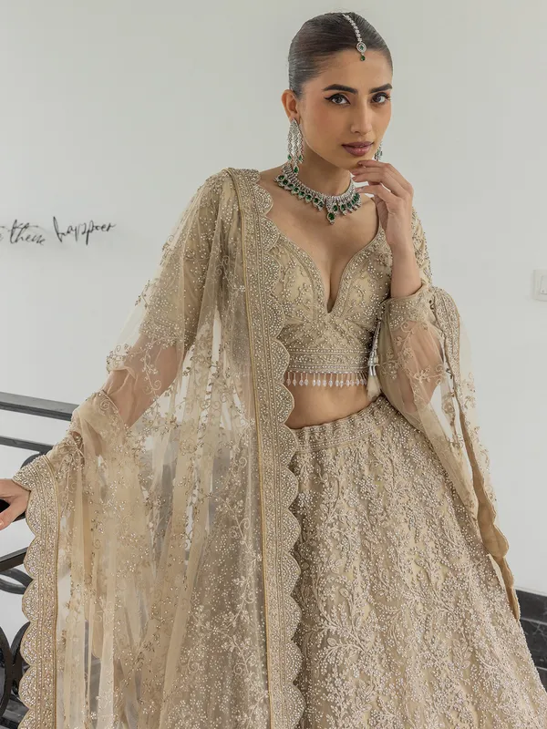 Beige net bridal lehenga choli