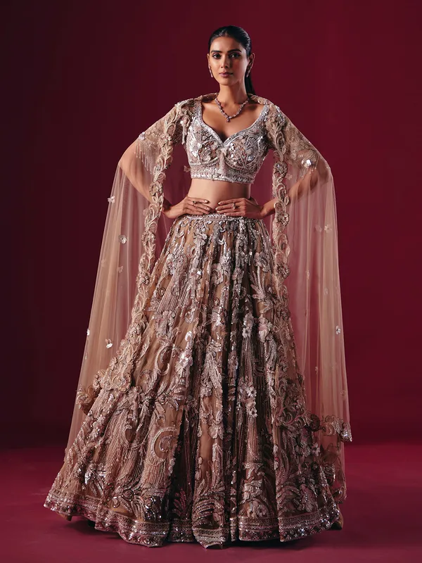 Beige net designer diamond lehenga choli