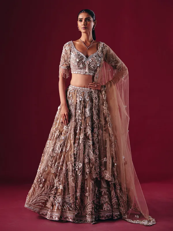 Beige net designer diamond lehenga choli