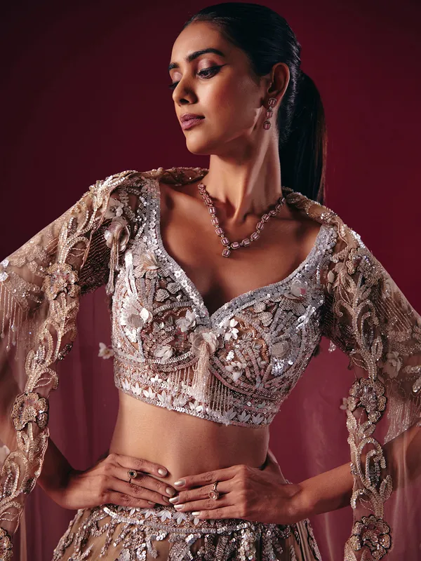 Beige net designer diamond lehenga choli