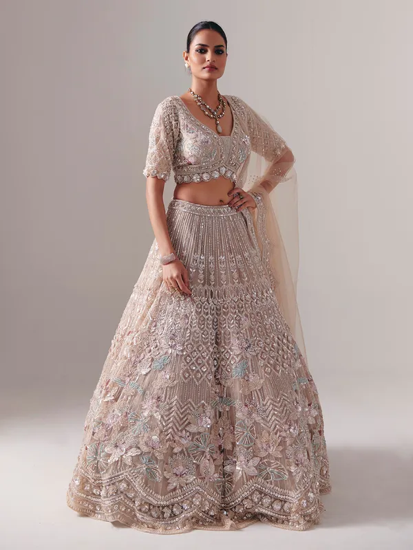 Beige net diamond and pearl bridal lehenga choli