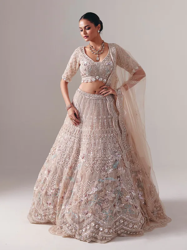 Beige net diamond and pearl bridal lehenga choli