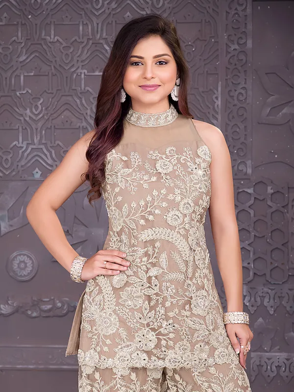 Beige net graceful palazzo suit for girls