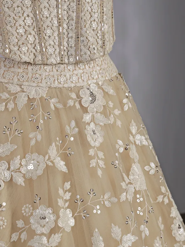 Beige net lehenga choli with sequins work