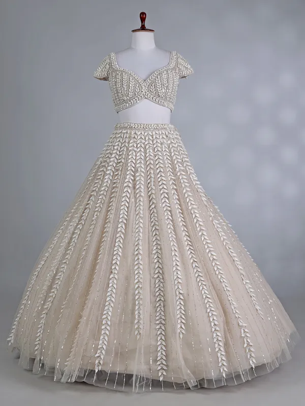 Beige net sweetheart wedding lehenga choli