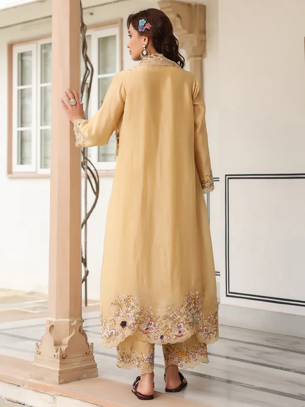 Beige organza and chanderi silk kurti set