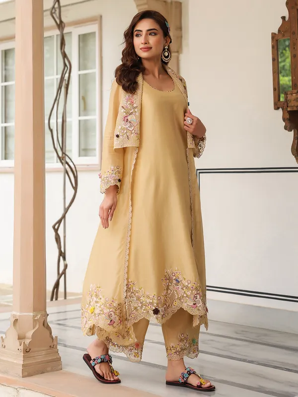 Beige organza and chanderi silk kurti set