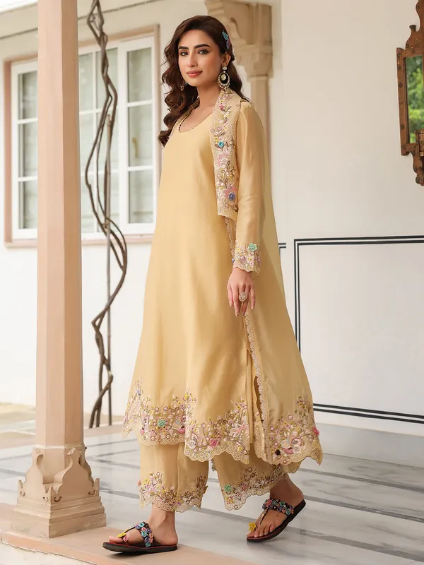 Beige organza and chanderi silk kurti set
