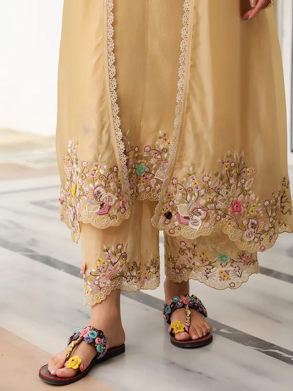Beige organza and chanderi silk kurti set