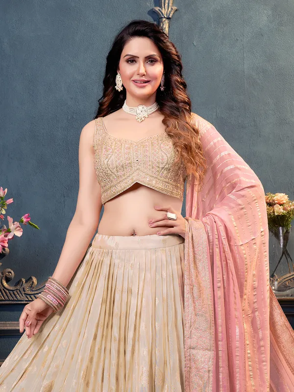 Beige organza lehenga choli with dupatta