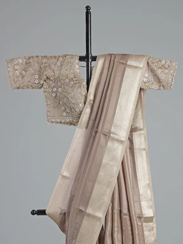 Beige organza satin saree with V neck blouse