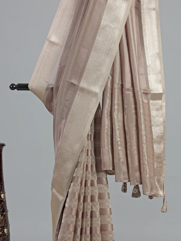 Beige organza satin saree with V neck blouse