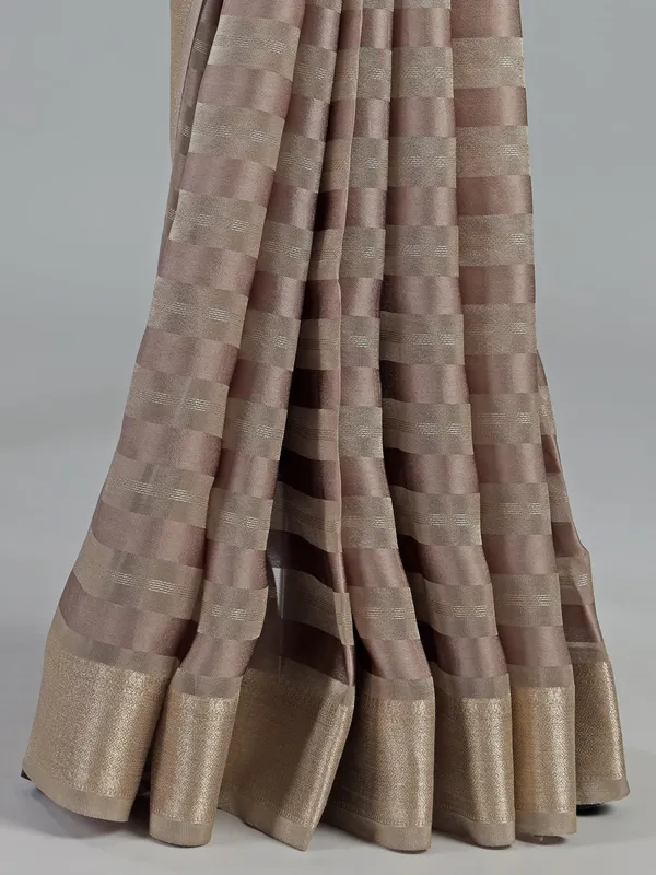 Beige organza satin saree with V neck blouse