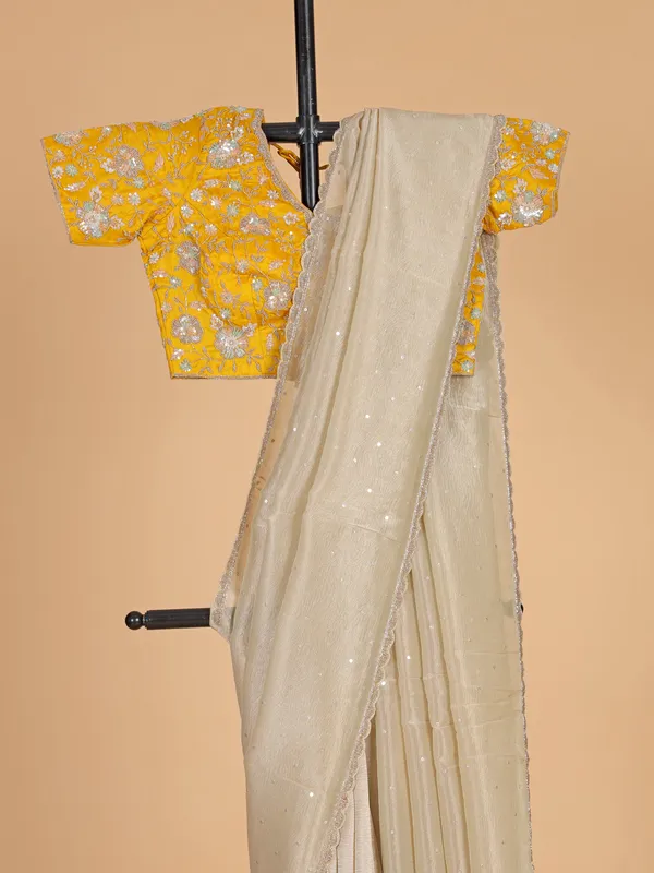 Beige organza wedding wear saree for women