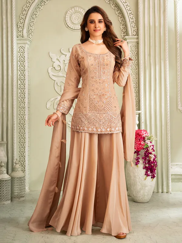 Beige pakistani georgette palazzo suit with aabla work