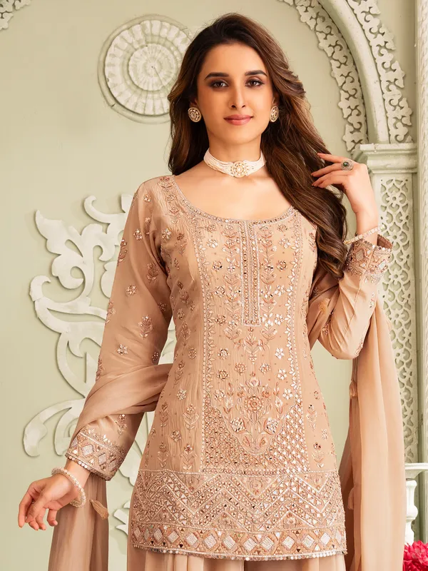 Beige pakistani georgette palazzo suit with aabla work