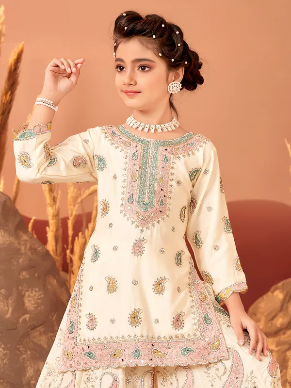 Beige pakistani palazzo suit with embroidery