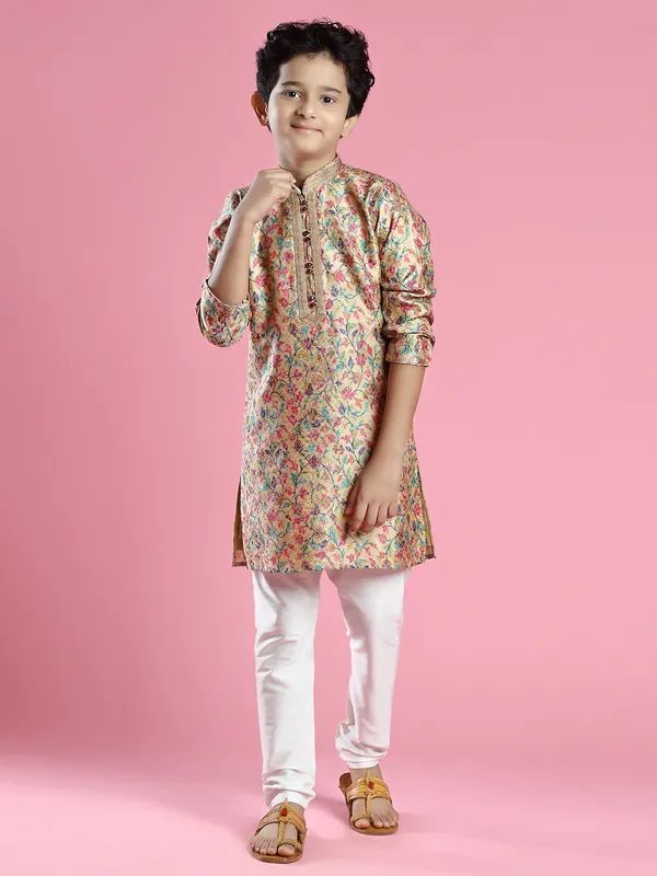 Beige pashmina silk festive wear kurta suit for boys