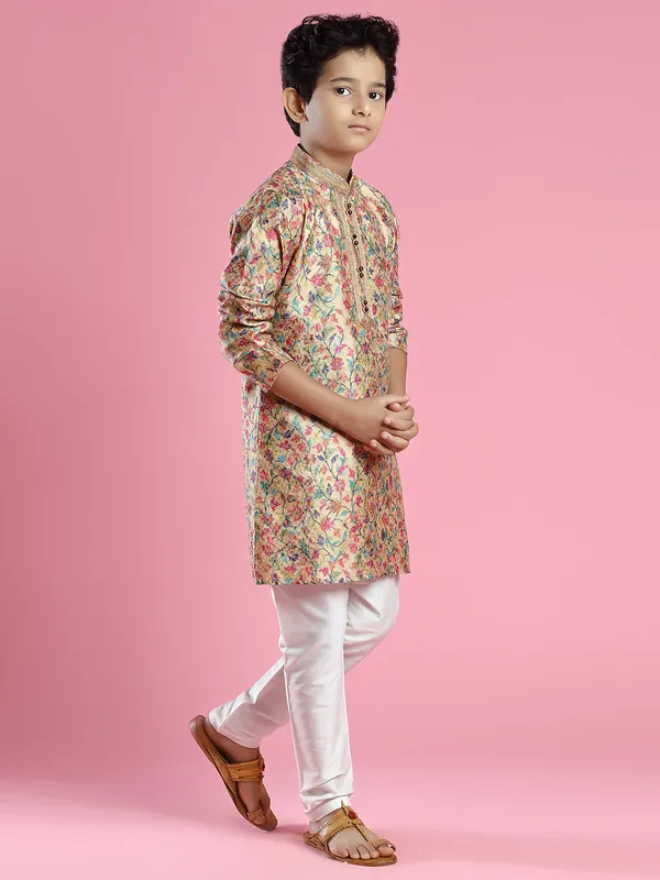 Beige pashmina silk festive wear kurta suit for boys