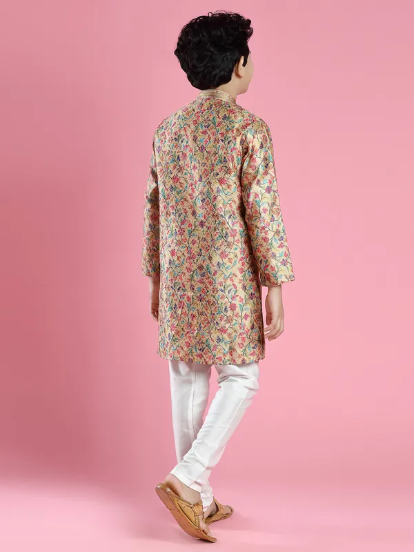 Beige pashmina silk festive wear kurta suit for boys